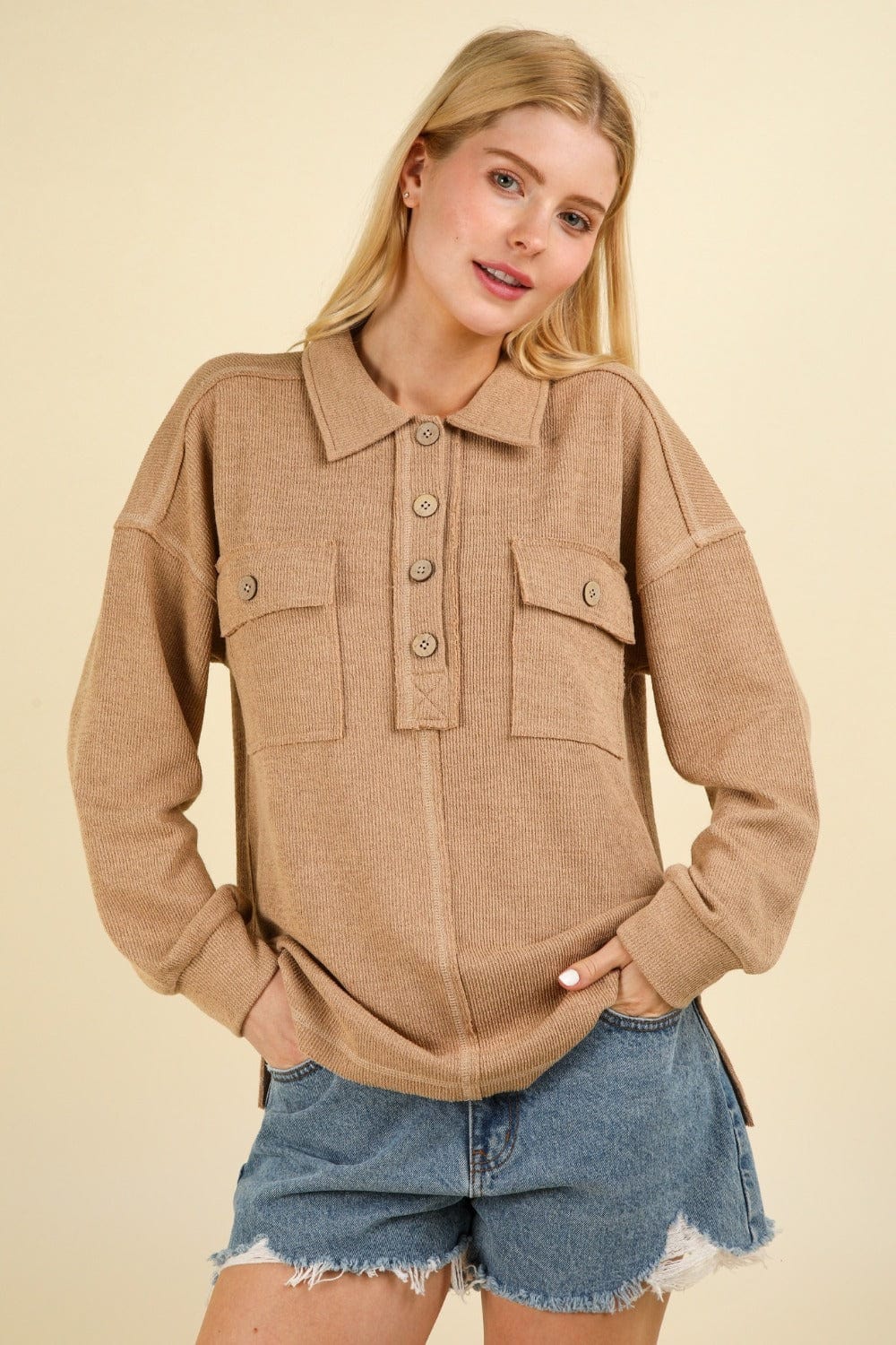 VERY J Collared Half Button Knit Top with Pockets - Trendsi