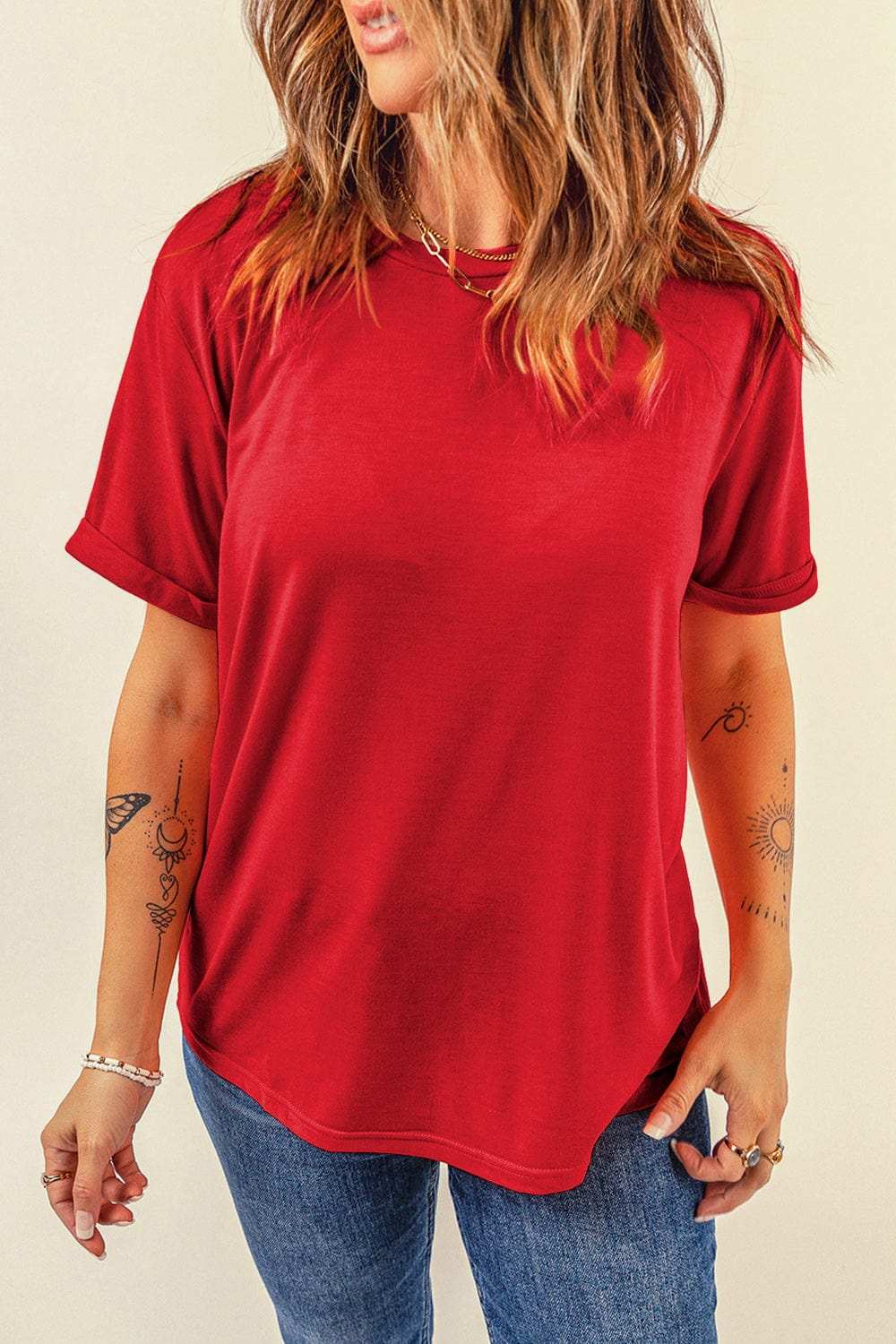 Round Neck Short Sleeve T-Shirt - Trendsi - Flyclothing LLC