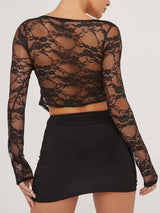 Tied Plunge Long Sleeve Lace Cropped Shirt - Trendsi - Flyclothing LLC