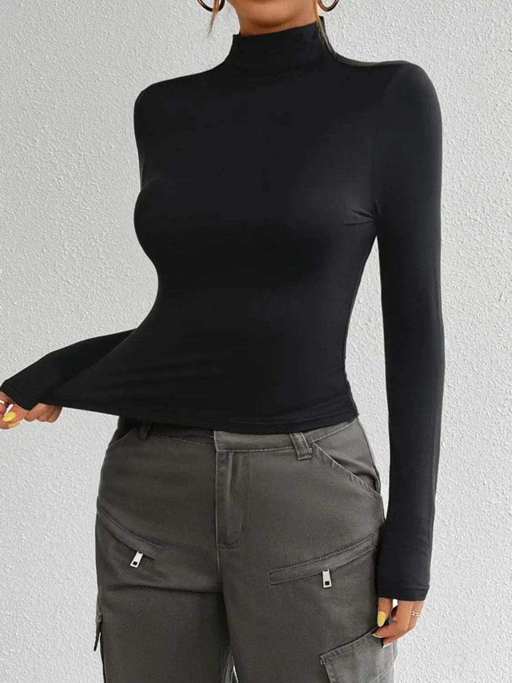 Mock Neck Long Sleeve T-Shirt - Trendsi - Flyclothing LLC