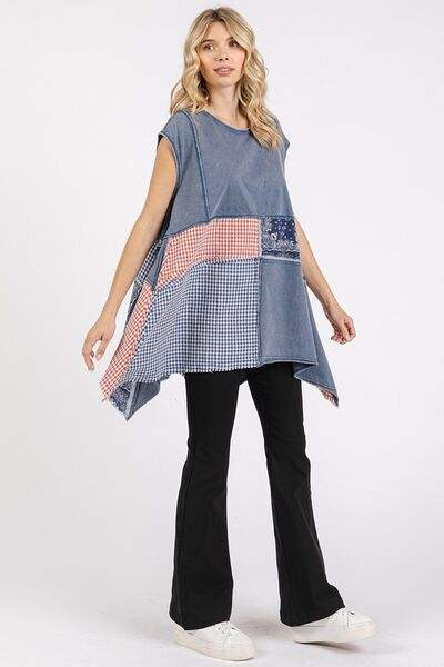 Mittoshop Patchwork Mineral Washed Round Neck Cap Sleeve Top - Trendsi - Flyclothing LLC