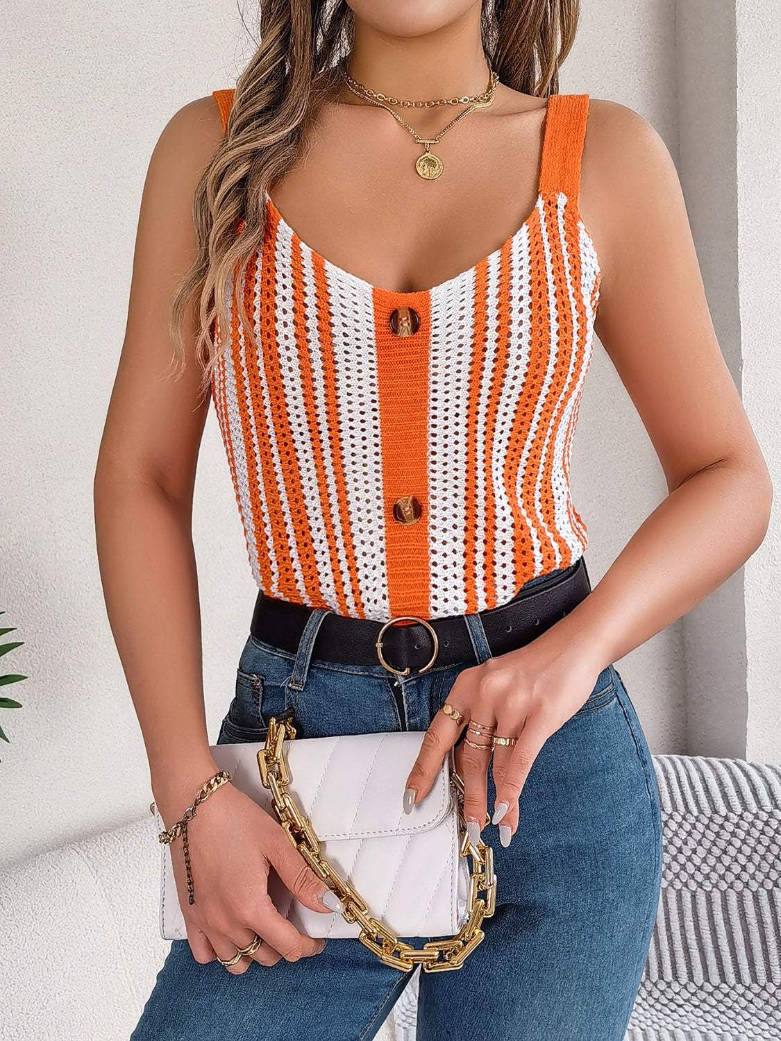 Openwork Striped V-Neck Tank - Trendsi - Flyclothing LLC