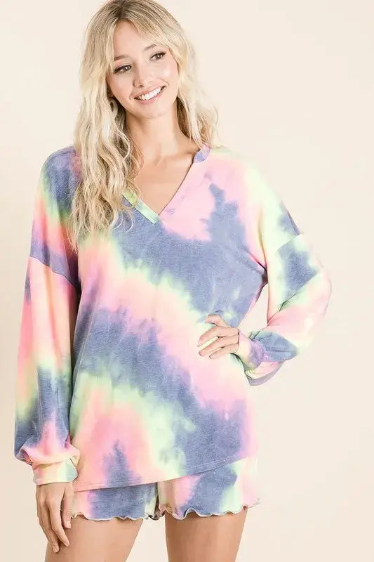 BiBi Tie Dye French Terry Top With Balloon Sleeves - Trendsi - Flyclothing LLC