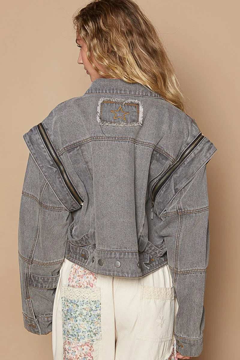 POL Cropped Denim Jacket with Functional Zipper Detail - Trendsi - Flyclothing LLC