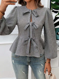 Devine Tied Round Neck Long Sleeve Blouse - Trendsi - Flyclothing LLC
