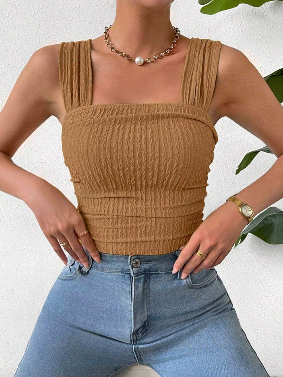 Textured Square Neck Wide Strap Tank - Trendsi - Flyclothing LLC