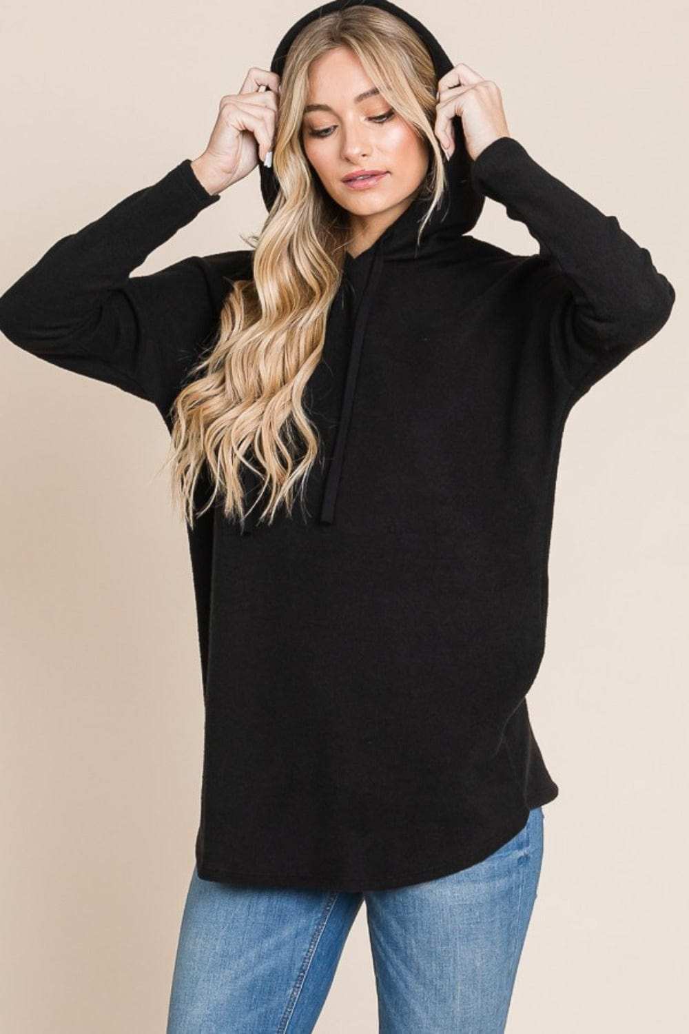BOMBOM Contrast Drawstring Drop Shoulder Knit Hoodie - Trendsi - Flyclothing LLC