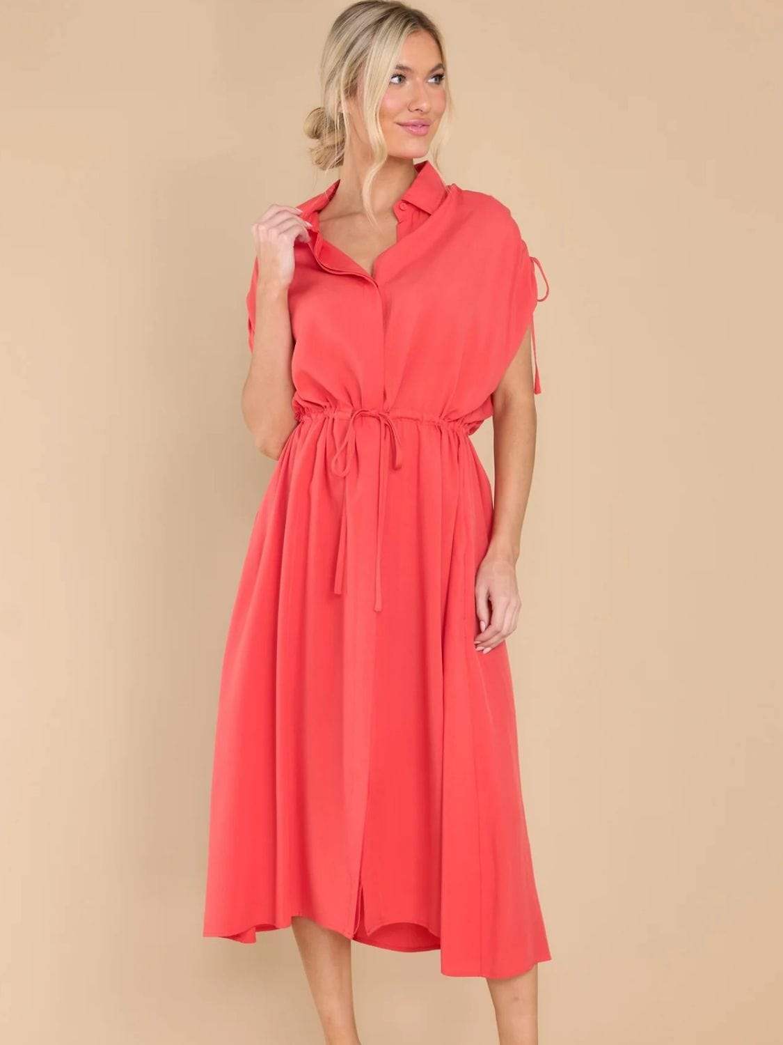 Drawstring Collared Neck Short Sleeve Midi Dress - Trendsi - Flyclothing LLC