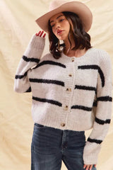 SO ME Stripe Soft Touch Button Cozy Sweater Cardigan - Trendsi - Flyclothing LLC