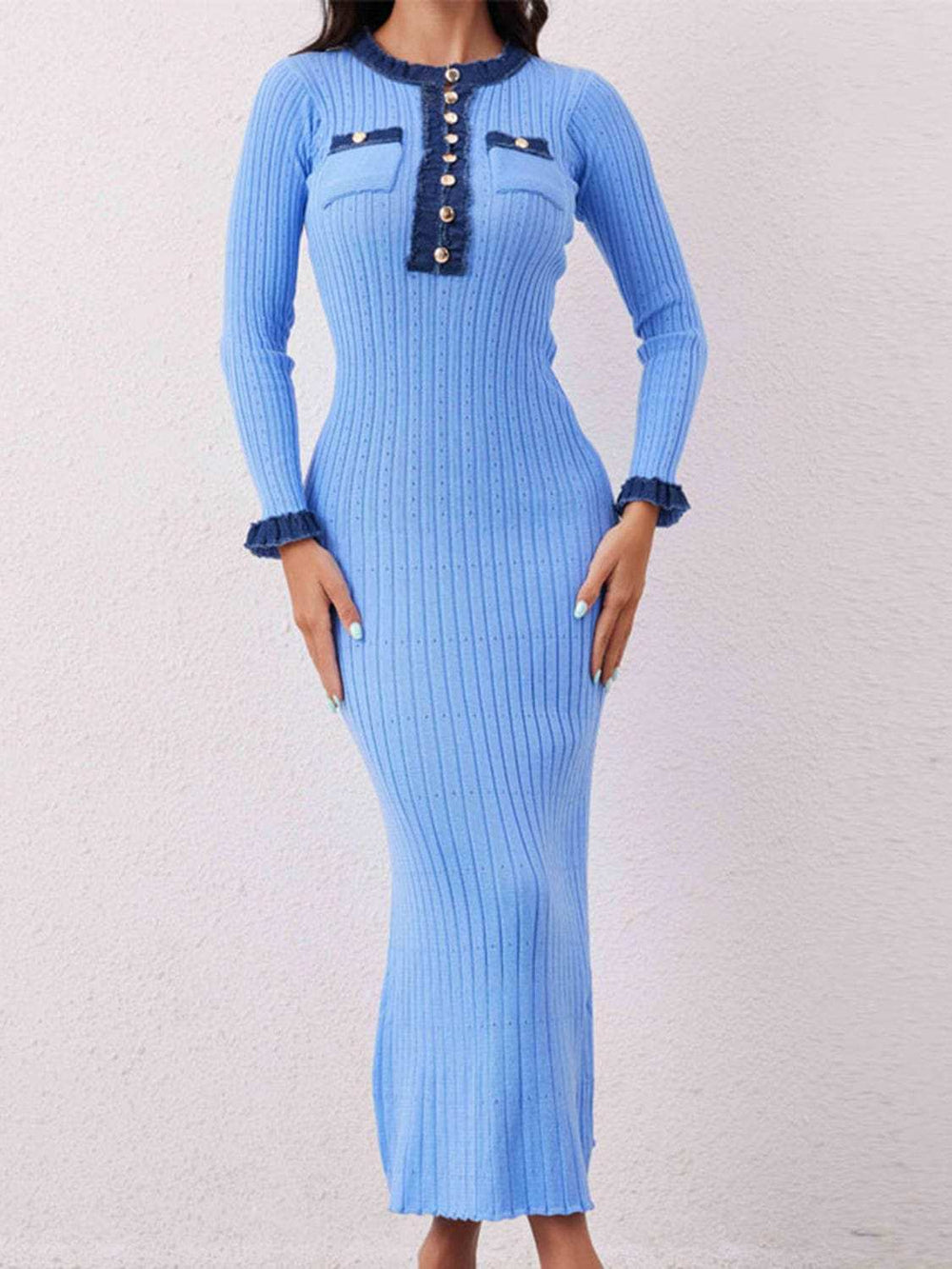 Contrast Trim Round Neck Long Sleeve Sweater Dress - Trendsi - Flyclothing LLC