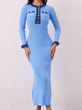 Contrast Trim Round Neck Long Sleeve Sweater Dress - Trendsi - Flyclothing LLC