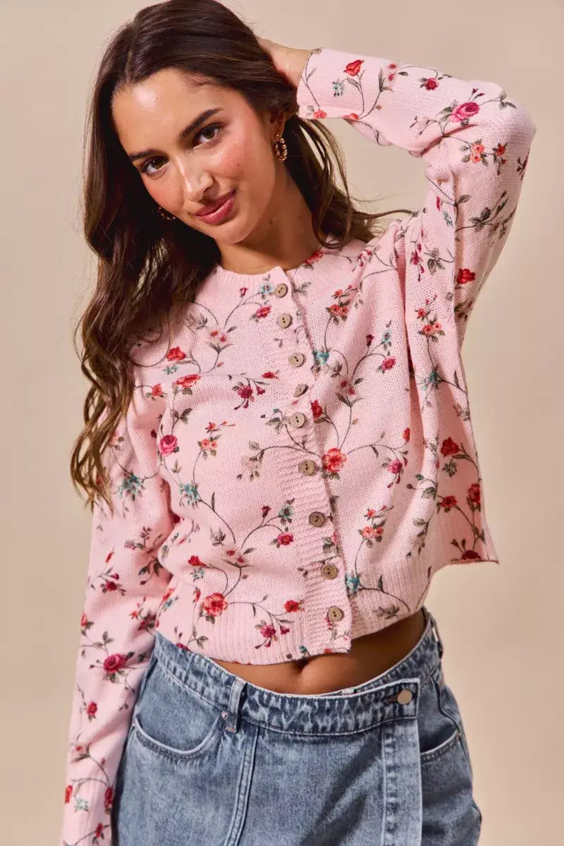 SO ME Floral Print Button Front Sweater Cardigan Top - Trendsi - Flyclothing LLC