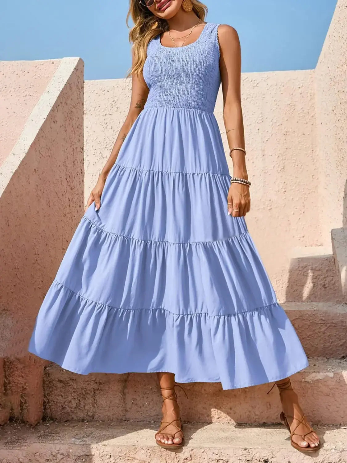 Tiered Smocked Wide Strap Dress - Trendsi - Flyclothing LLC