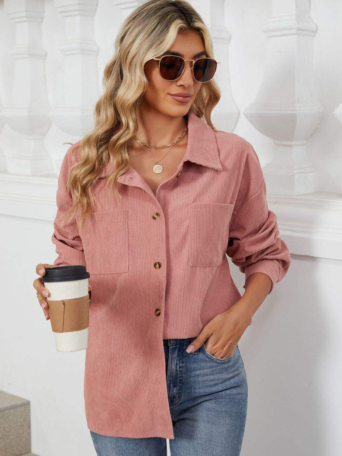 Button Up Dropped Shoulder Long Sleeve Outerwear - Trendsi - Flyclothing LLC