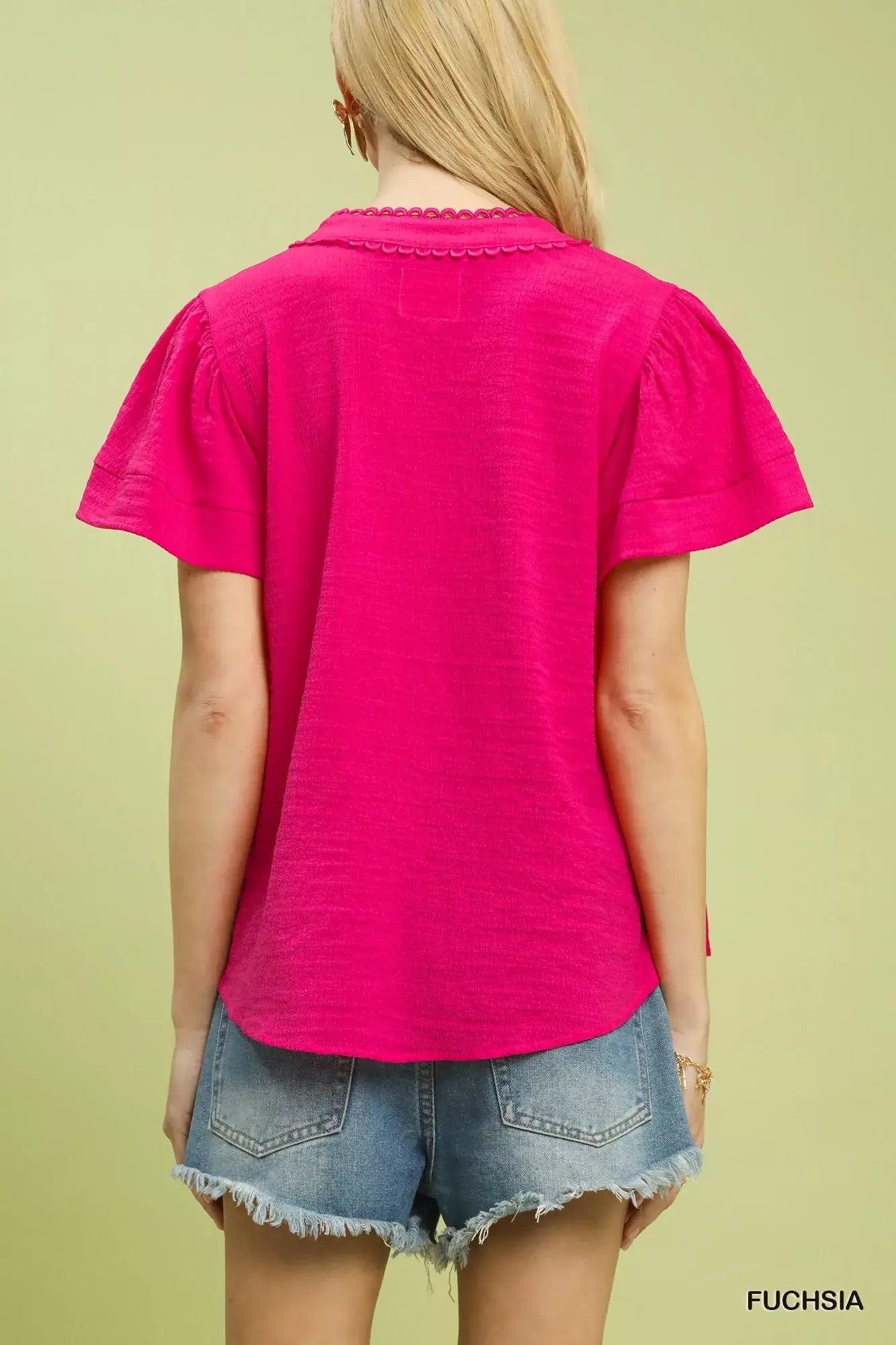 Umgee Seersucker Short Sleeve Top with Lace Trim - Trendsi - Flyclothing LLC