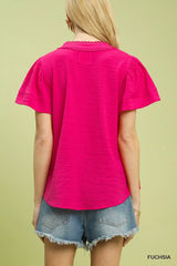 Umgee Seersucker Short Sleeve Top with Lace Trim - Trendsi - Flyclothing LLC