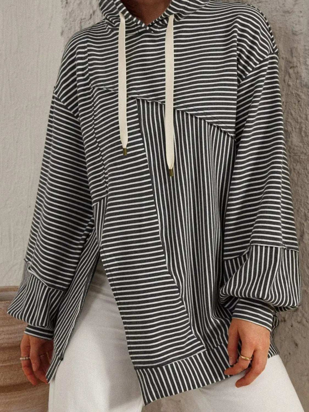 Slit Drawstring Striped Long Sleeve Hoodie - Trendsi - Flyclothing LLC
