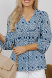 Geometric Print Frilled Notched Blouse - Trendsi