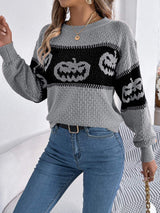 Pumpkin Round Neck Long Sleeve Sweater - Trendsi - Flyclothing LLC
