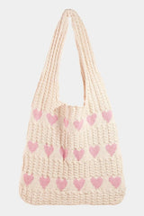 Fame Contrast Heart Crochet Tote Bag - Trendsi