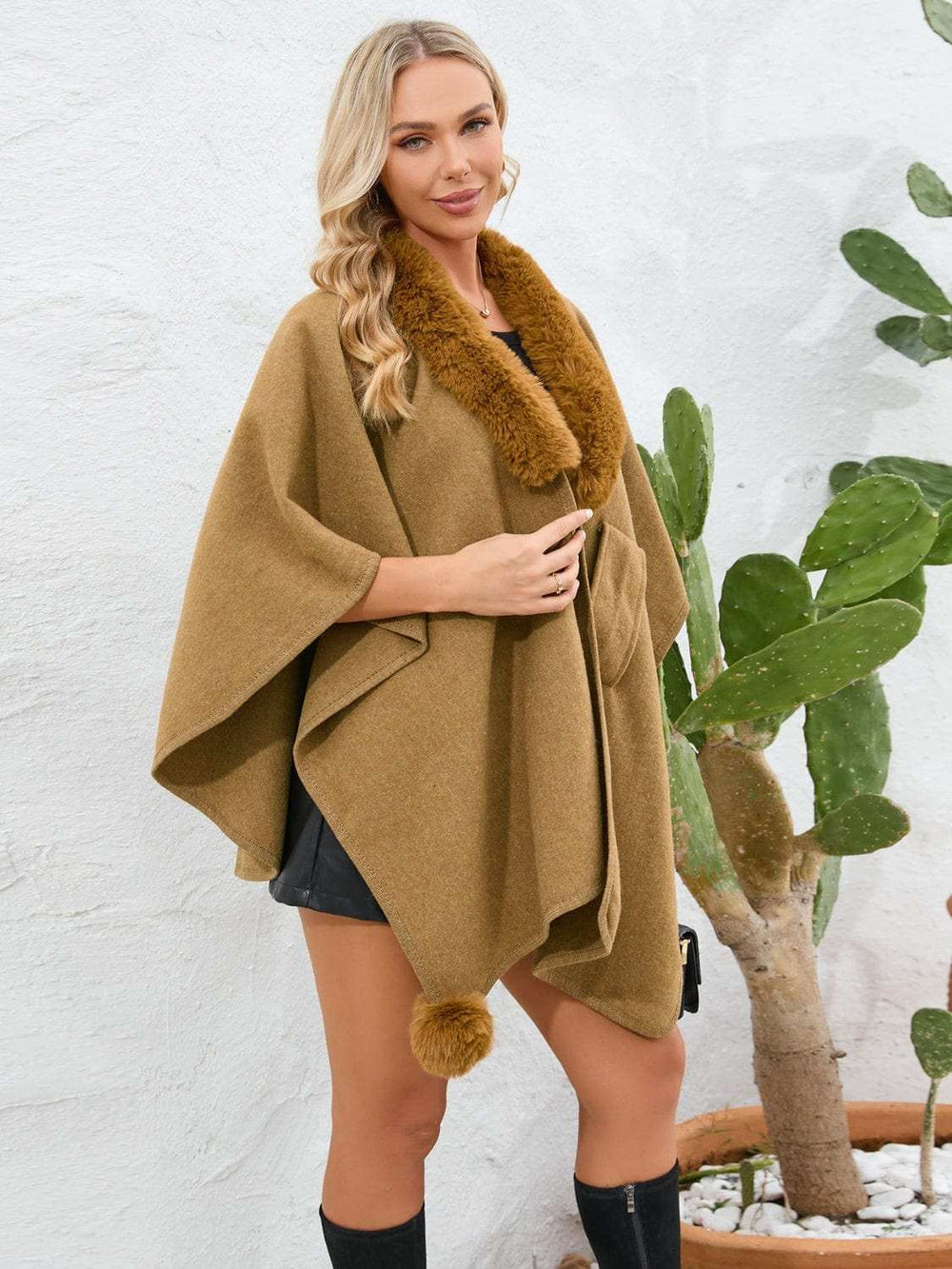 Fuzzy Trim Open Front Poncho - Trendsi - Flyclothing LLC