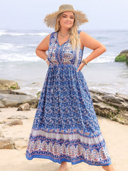 Plus Size Tied Printed Sleeveless Maxi Dress - Trendsi