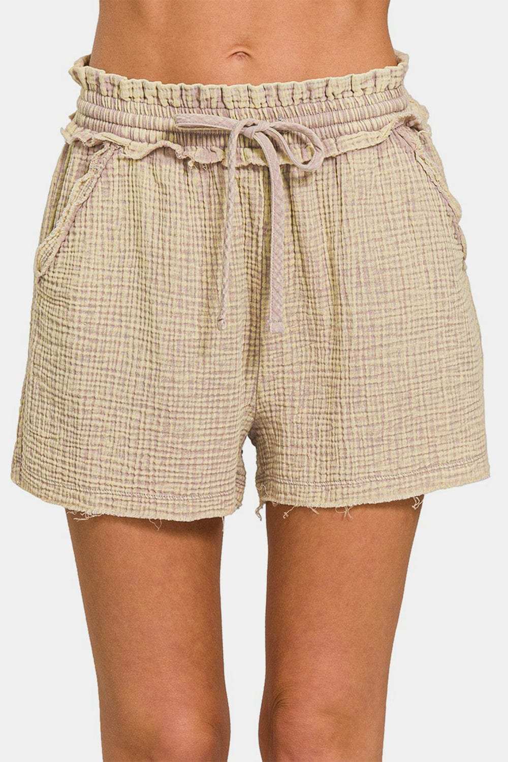 Zenana Washed Frayed Hem Drawstring Shorts - Trendsi - Flyclothing LLC