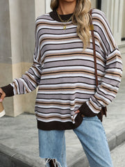 Striped Mock Neck Long Sleeve Sweater - Trendsi