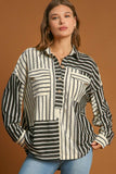 Umgee Full Size Pointelle Stripped Half Button Collared Neck Top Plus Size - Trendsi