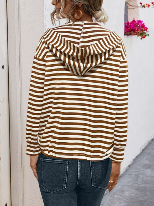 Drawstring Striped Long Sleeve Hoodie - Trendsi