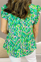 Ruffled Printed Tie Neck Cap Sleeve Blouse - Trendsi - Flyclothing LLC