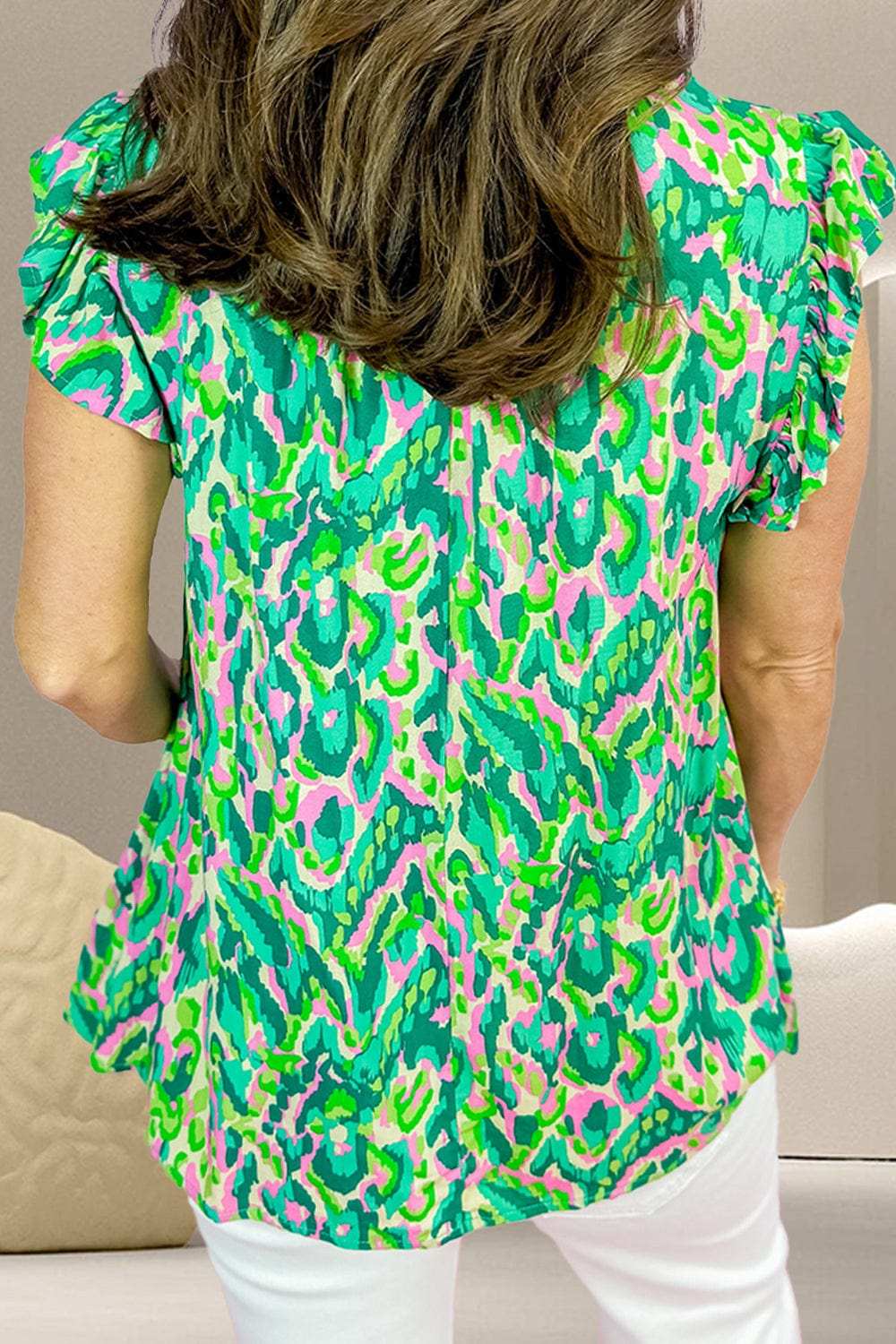Ruffled Printed Tie Neck Cap Sleeve Blouse - Trendsi - Flyclothing LLC
