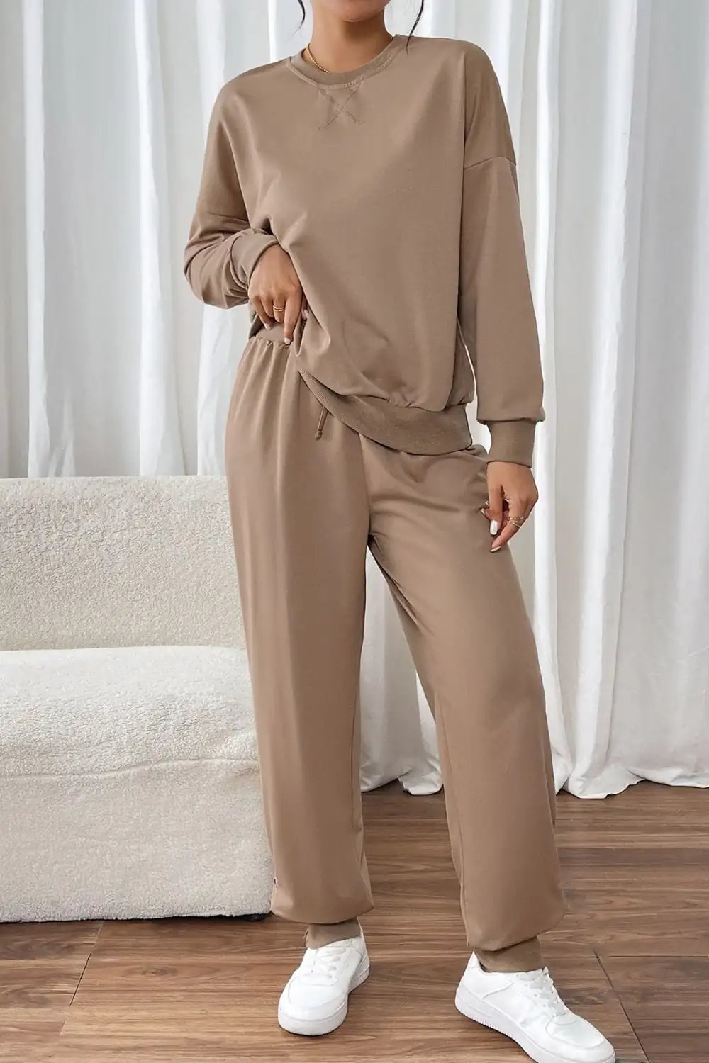 Perfee Round Neck Long Sleeve Top and Pants Set - Trendsi