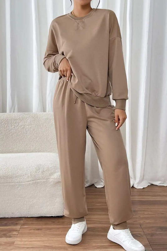 Perfee Round Neck Long Sleeve Top and Pants Set - Trendsi - Flyclothing LLC