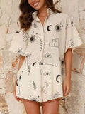 Printed Collared Neck Half Sleeve Romper - Trendsi