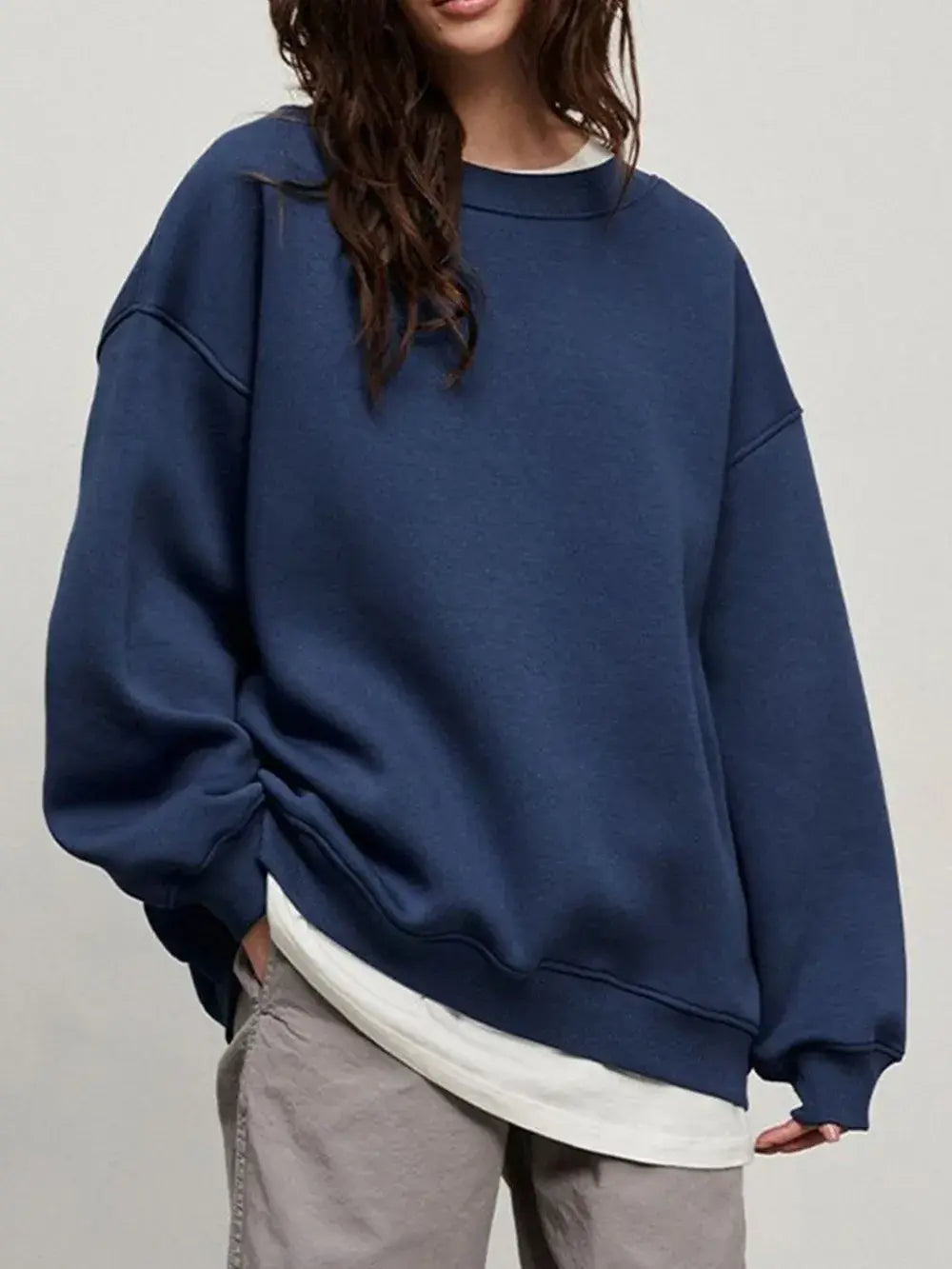 Round Neck Dropped Shoulder Long Sleeve Sweatshirt - Trendsi - Flyclothing LLC