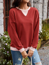 Contrast Round Neck Long Sleeve Sweatshirt - Trendsi - Flyclothing LLC