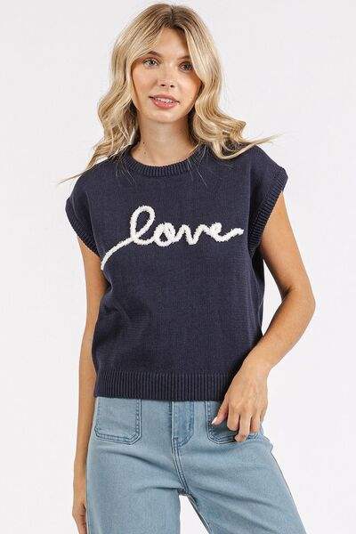 Mittoshop Contrast Letter Round Neck Cap Sleeve Knit Top - Trendsi - Flyclothing LLC
