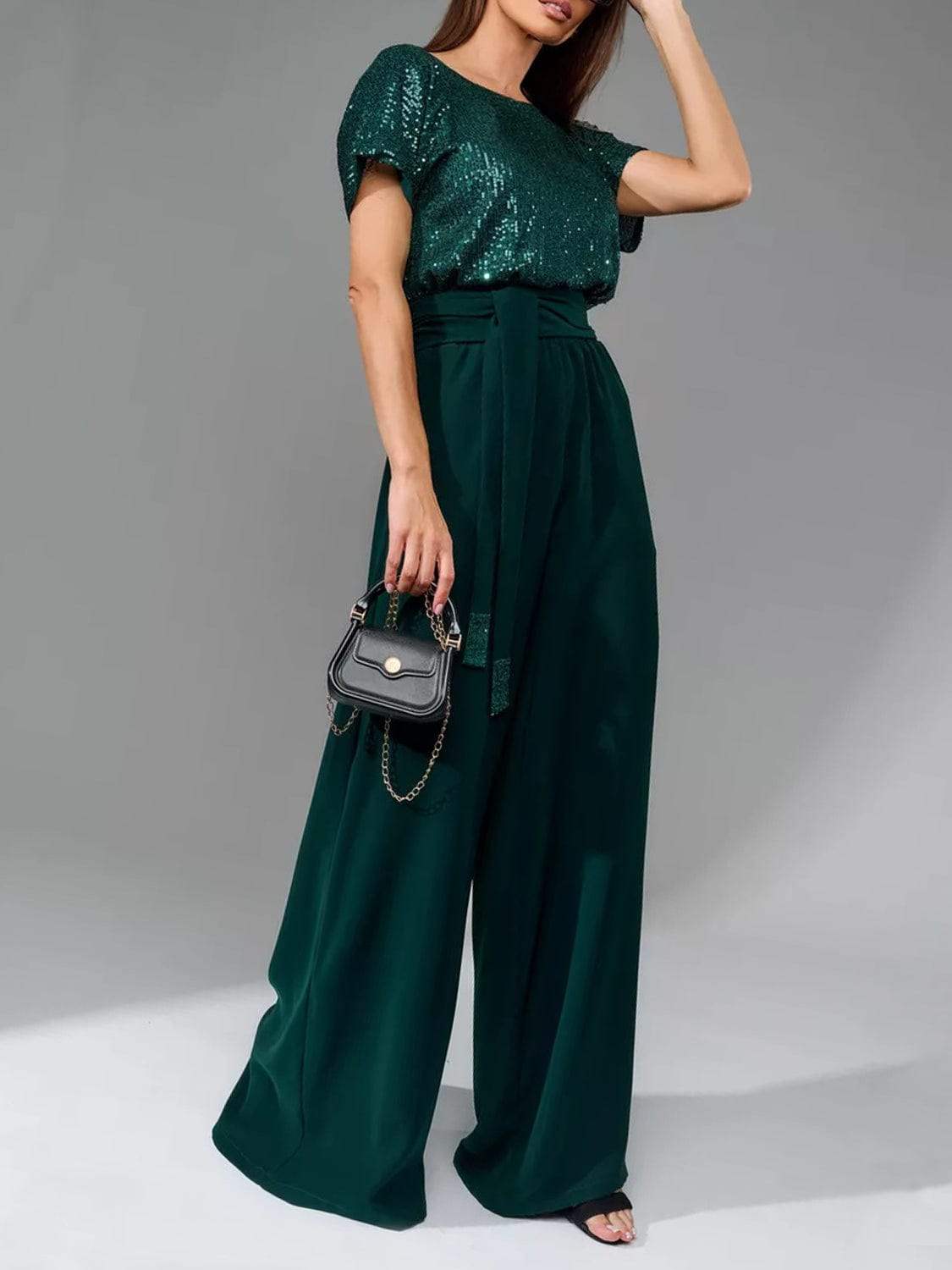 Full Size Sequin Round Neck Short Sleeve Wide Leg Jumpsuit - Trendsi - Flyclothing LLC