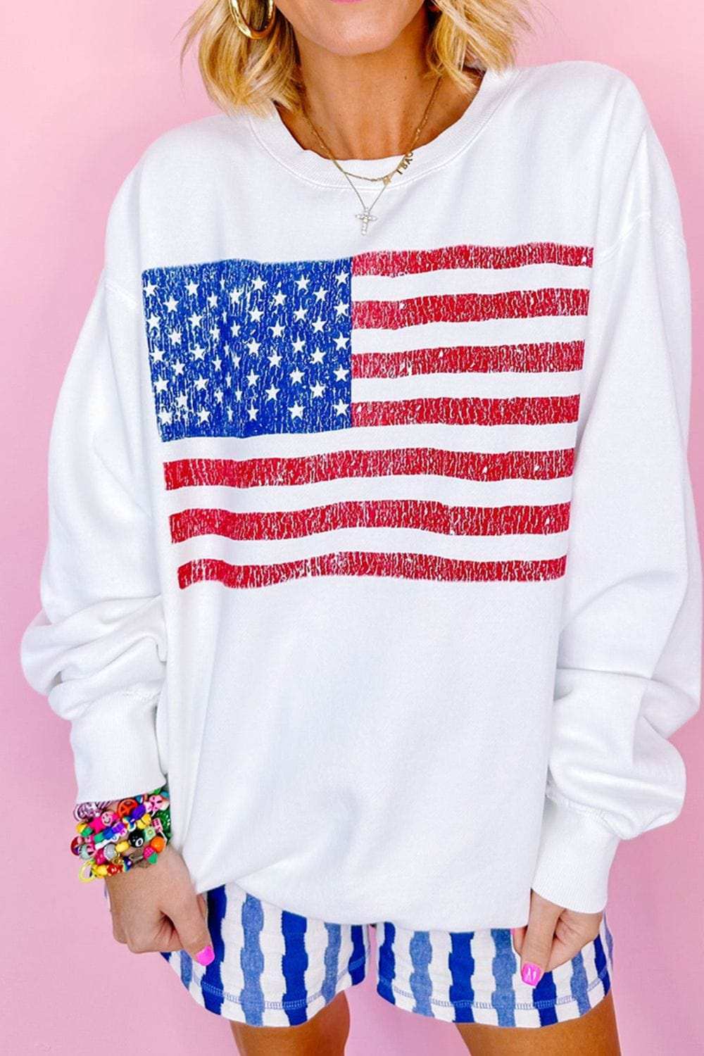 US Flag Round Neck Long Sleeve Sweatshirt - Trendsi - Flyclothing LLC