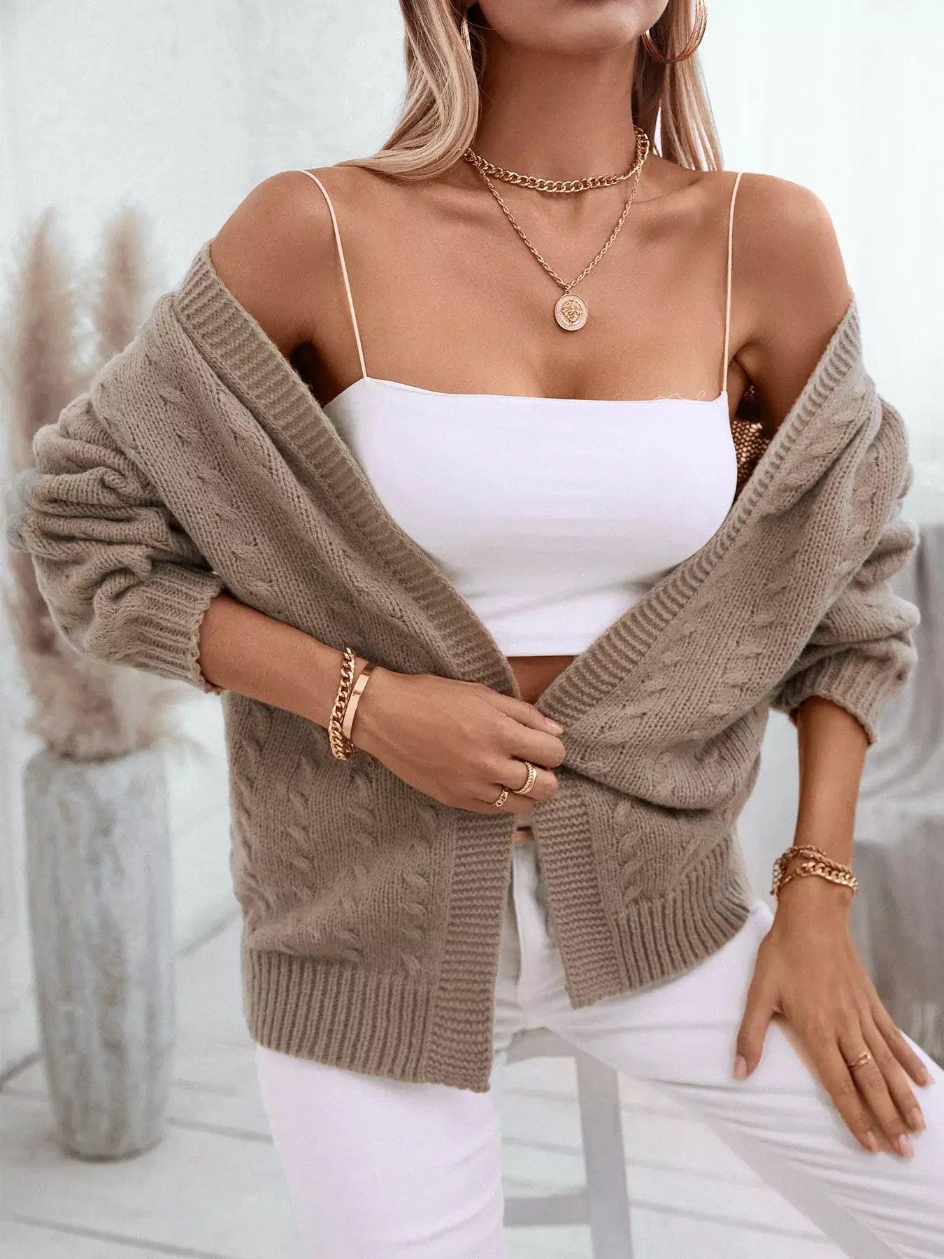 Cable Knit Open Front Hooded Cardigan - Trendsi - Flyclothing LLC