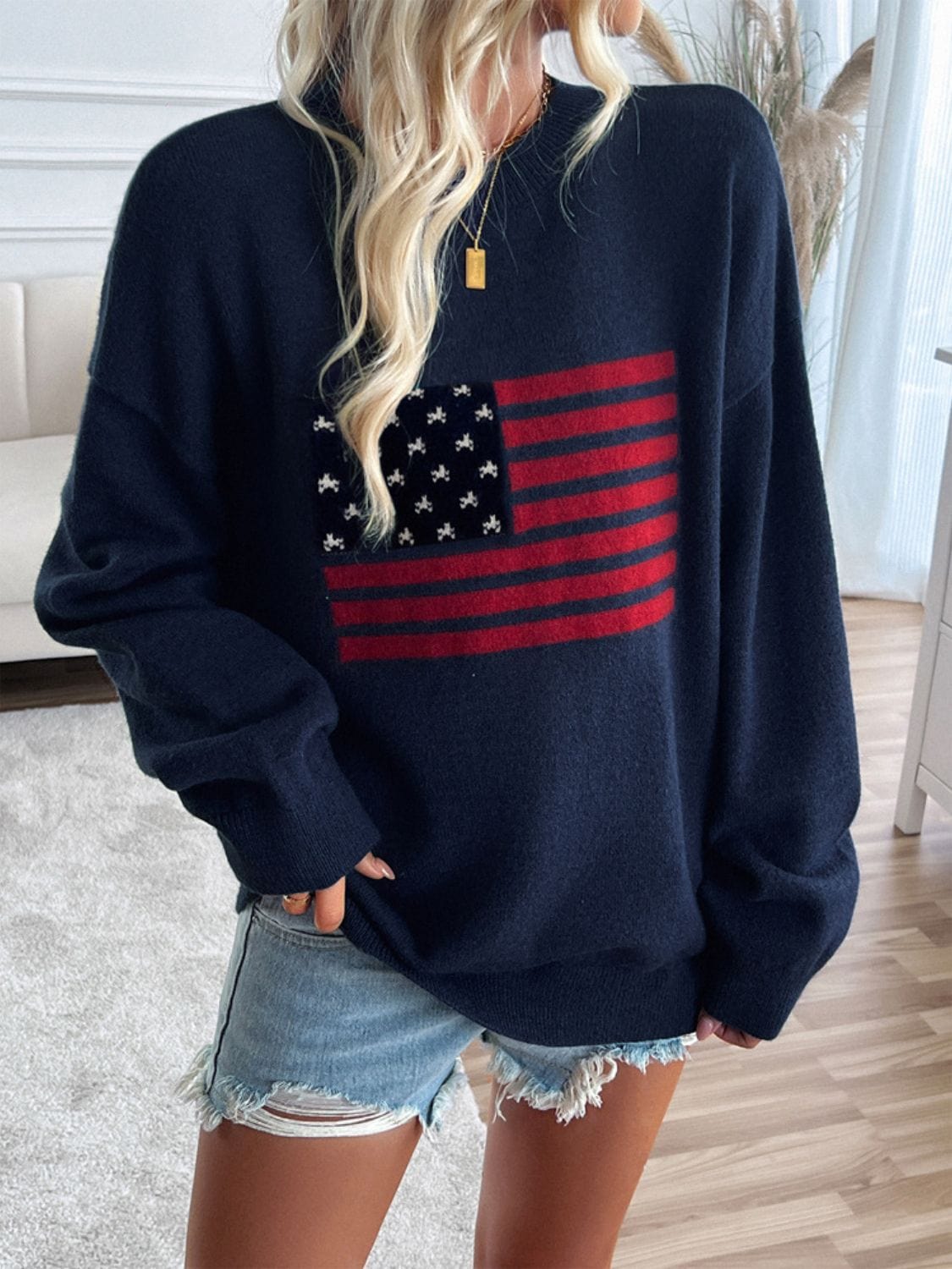 Devine US Flag Round Neck Long Sleeve Knit Top - Trendsi