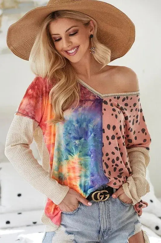 BiBi Print Block V Neck Top with Contrast Stitching - Trendsi - Flyclothing LLC