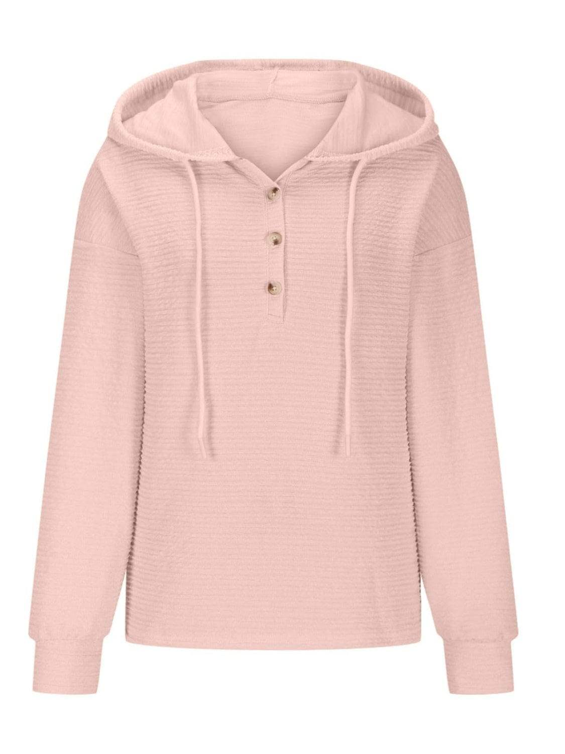 Drawstring Quarter Button Long Sleeve Hoodie - Trendsi - Flyclothing LLC