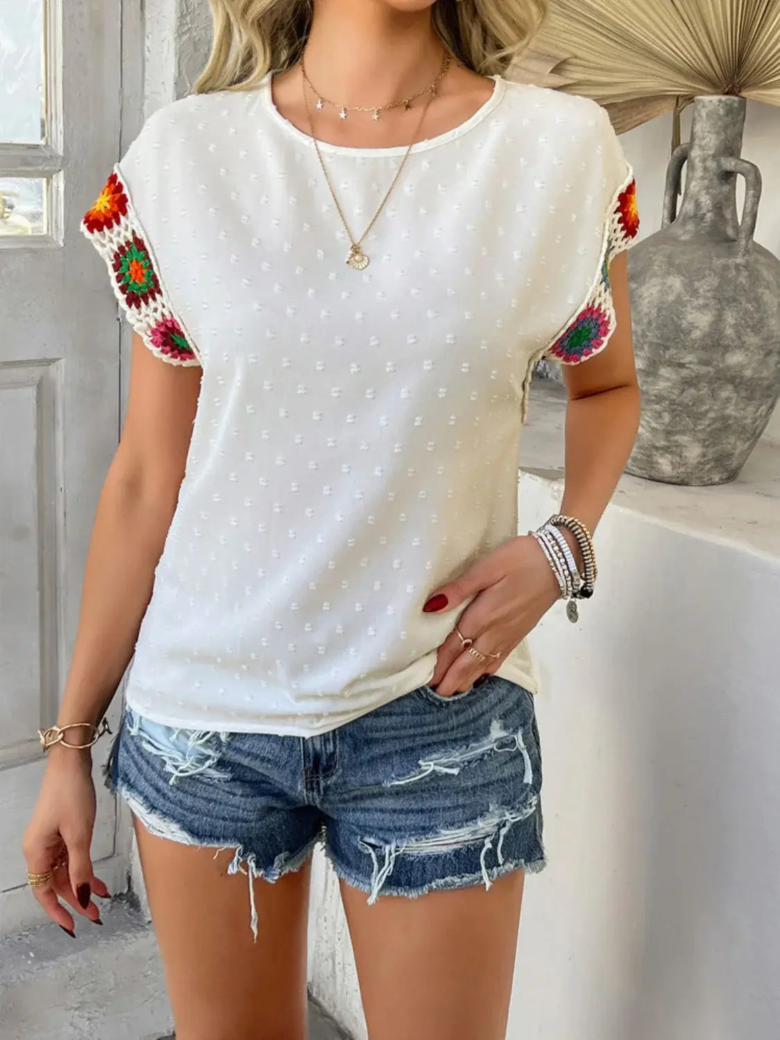 Devine Swiss Dot Round Neck Crochet Short Sleeve Top - Trendsi - Flyclothing LLC