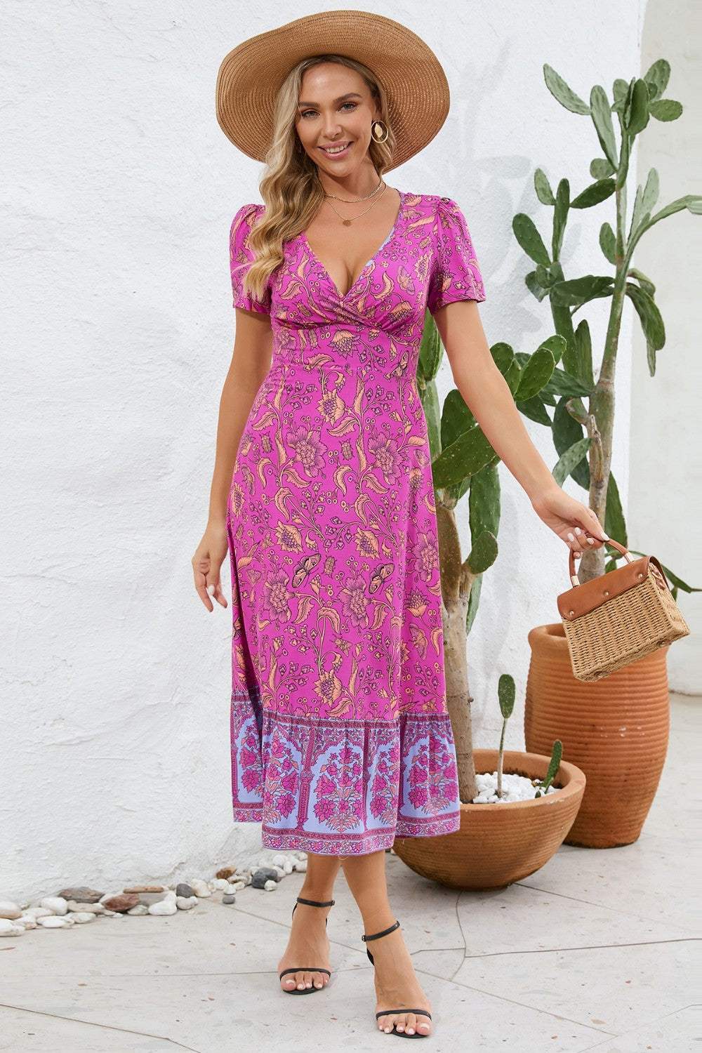 Printed Surplice Short Sleeve Dress - Trendsi - Flyclothing LLC
