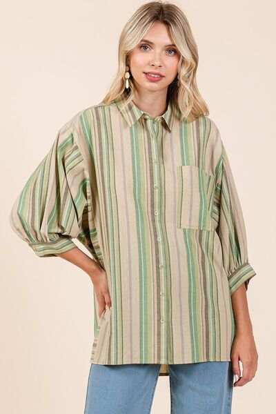 Mittoshop Striped Bubble Sleeve Button Down Shirt - Trendsi - Flyclothing LLC
