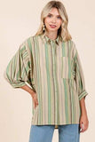 Mittoshop Striped Bubble Sleeve Button Down Shirt - Trendsi - Flyclothing LLC