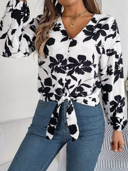 Printed V-Neck Long Sleeve Blouse - Trendsi