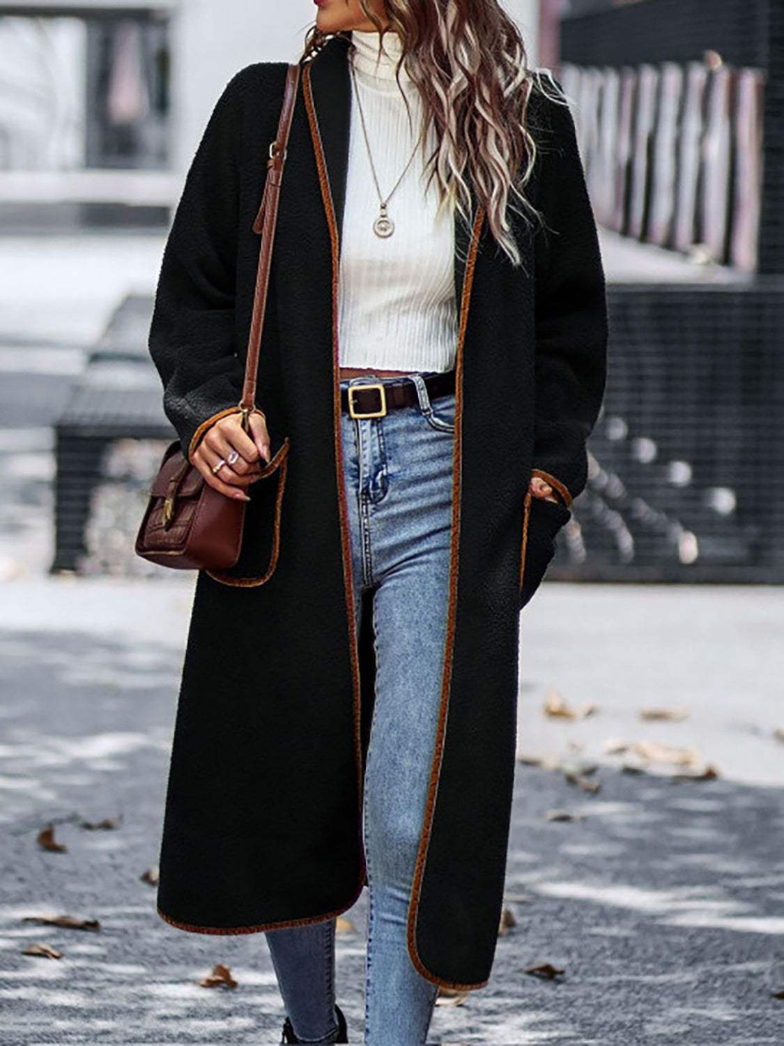 Full Size Contrast Trim Long Sleeve Coat with Pockets - Trendsi - Flyclothing LLC